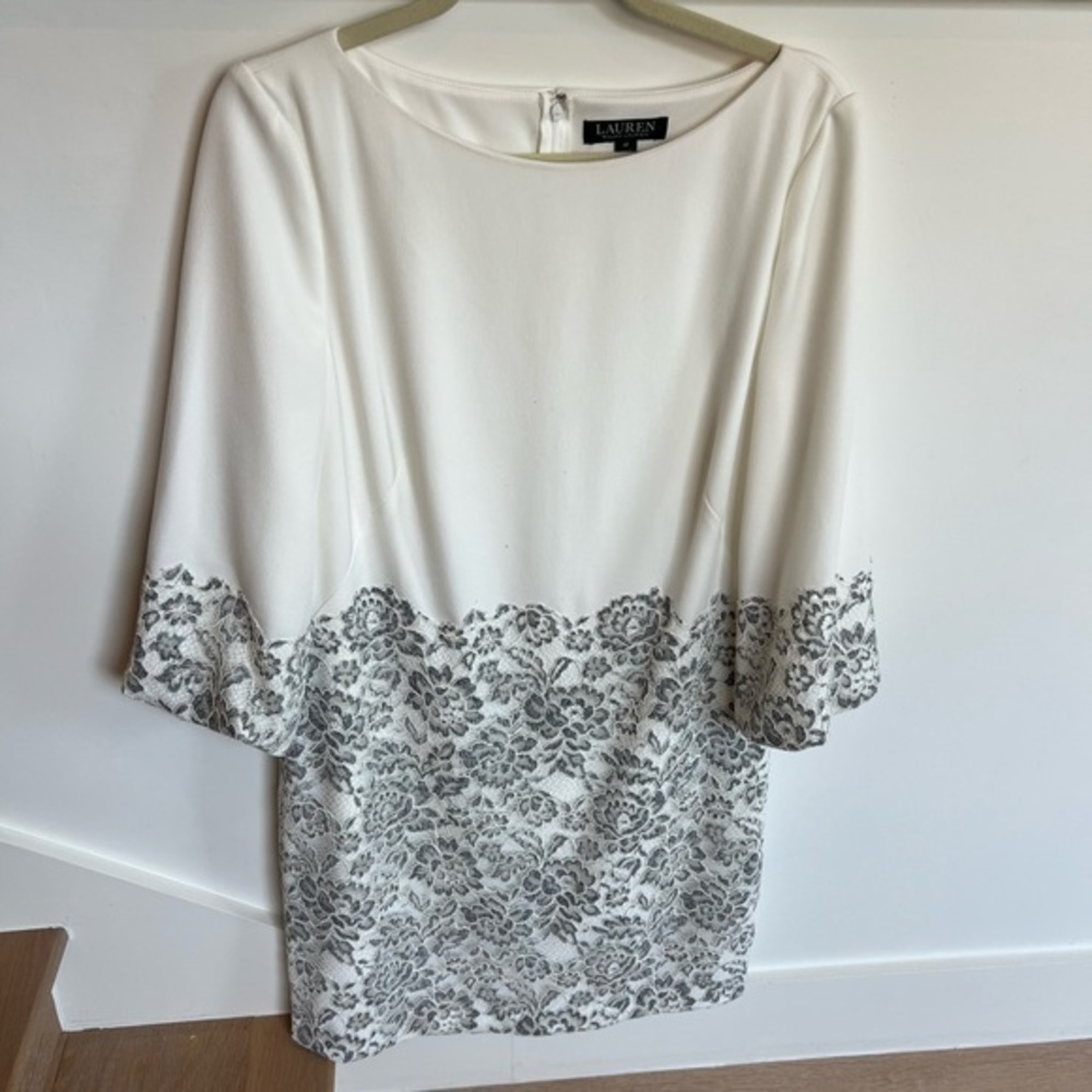 Ralph Lauren White Dress Floral Lace Details Womens Size 12 With Sleeves